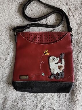 Chala Red and Black Crossbody with Cat Appliqué and Butterfly